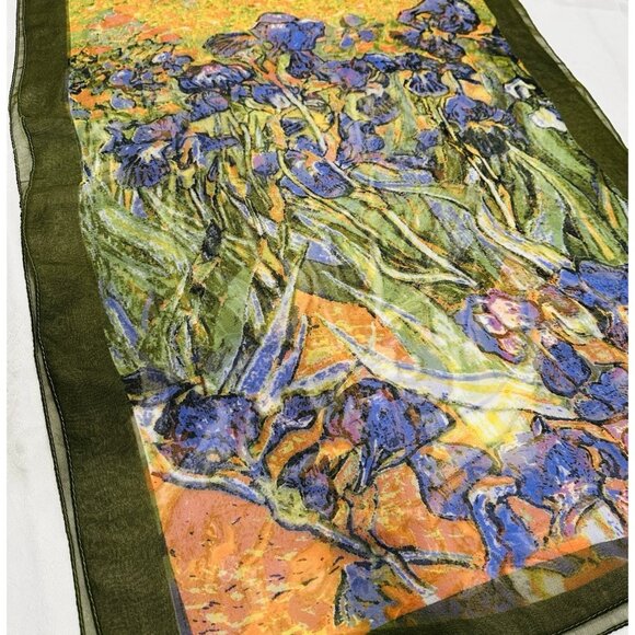 VTG Vincent Van Gogh Silk Scarf Irises Purple Orange Green Lightweight 60x20” - Picture 6 of 8